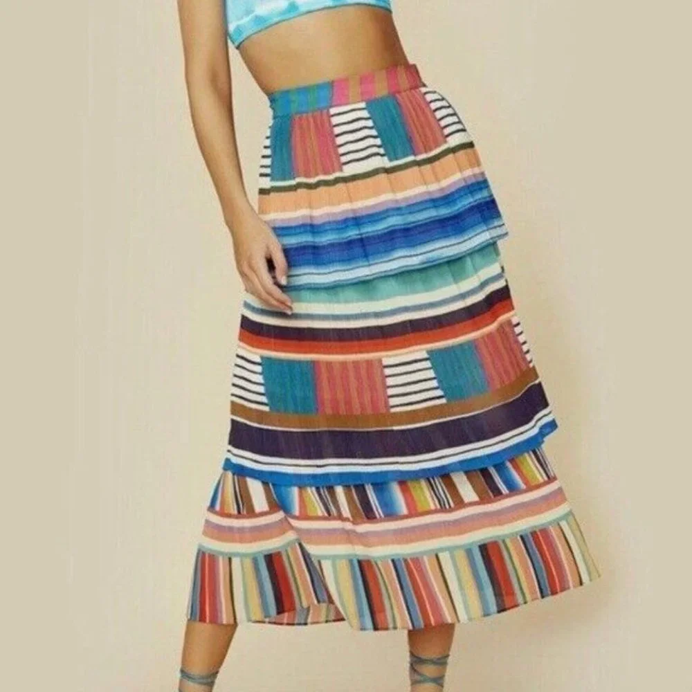 Farm Rio Thalita Stripe Midi Pleated Tiered Skirt Multicolor Size M